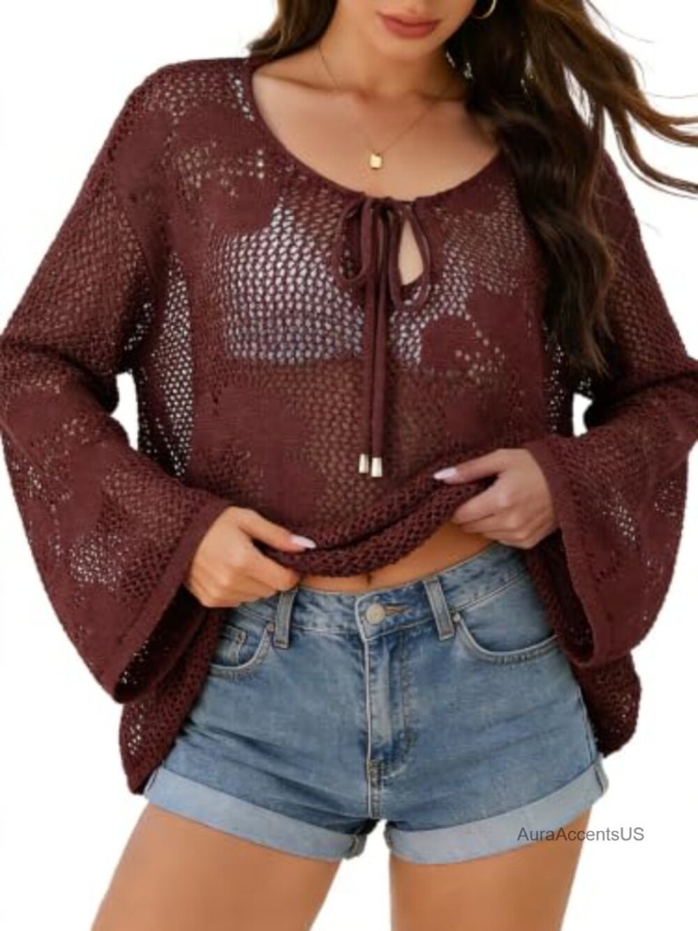 Crochet Hollow Out Keyhole Swimwear Cover Up Plus Size Long Sleeve Beach Dress